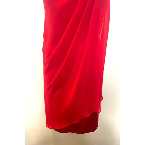 Max & Cleo Crimson Red One Shoulder Dress Ruffle Bow Sheer Overlay Size 10 - Picture 7 of 11
